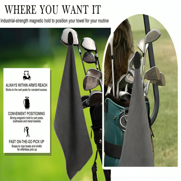 Premium Magnetic Golf Towel | Luxury Deep Waffle Pocket Microfiber Towel | Heavy-Duty Magnet for Golf Carts & Clubs | Gray - Image 2